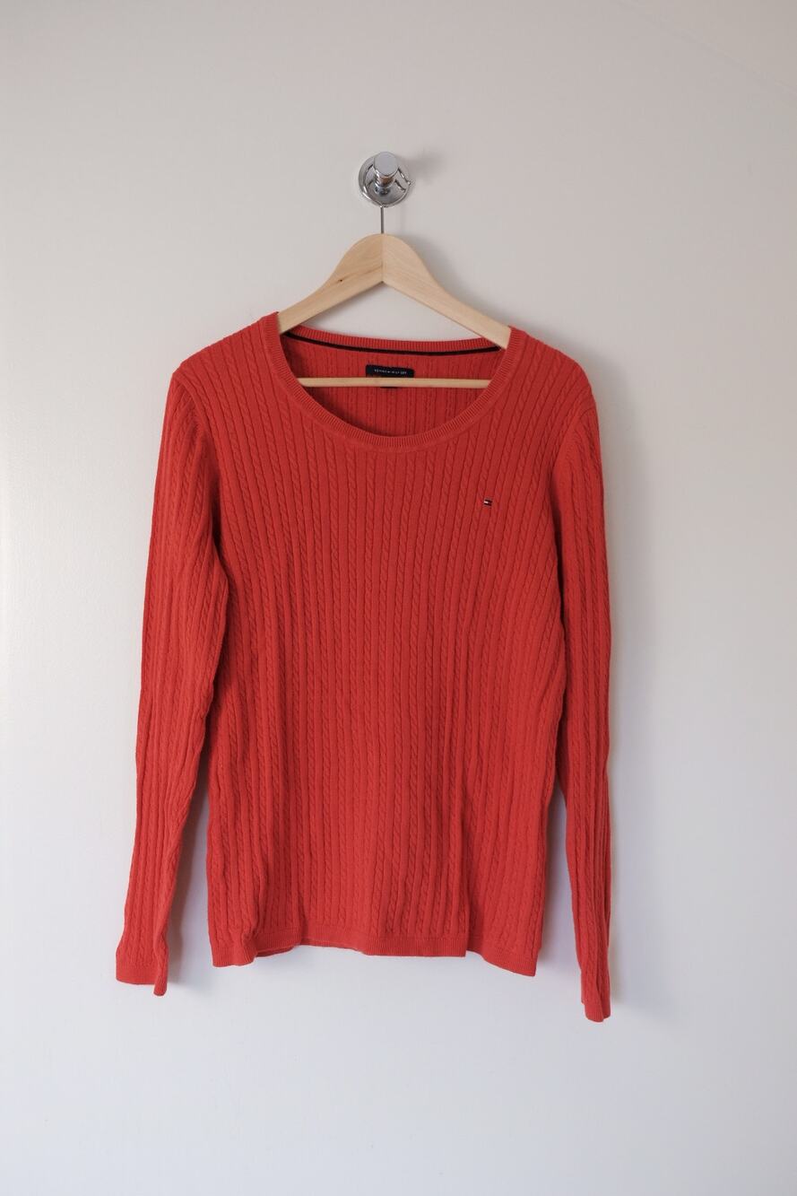 Tommy Hilfiger Cable Knit Sweater Women's Sz L Red 100% Cotton Crewneck Preppy